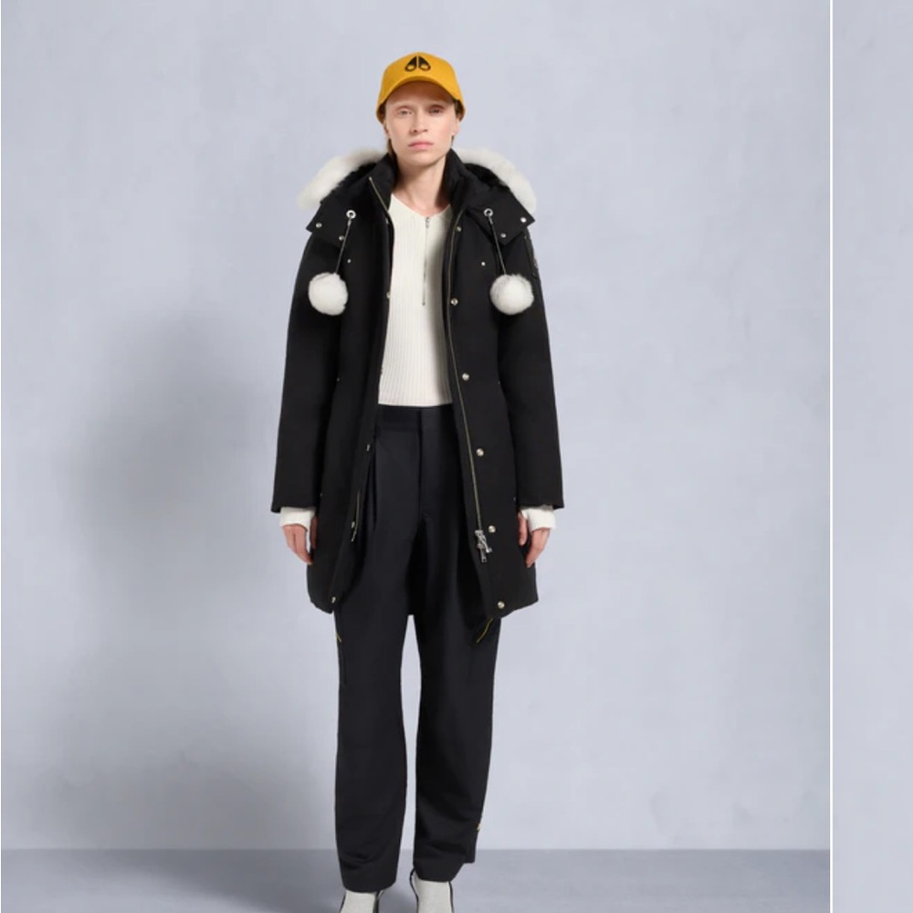 Moose Knuckles Black Hooded Coat with White Fur Trim